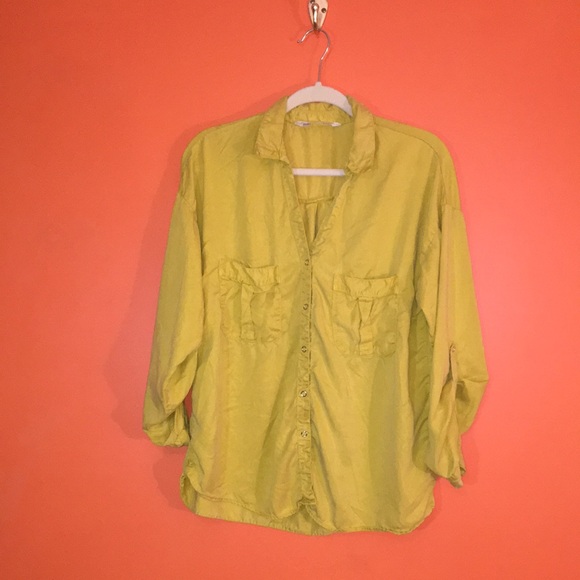 Zara Z1975 Denim Women's Spring Yellow Green Button-Up Tencel Top Size Large/12 - Picture 1 of 17